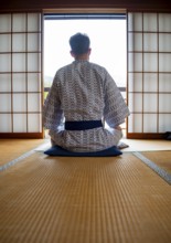 Young man wearing kimono sitting in traditional Japanese living room with tatami mats and shoji