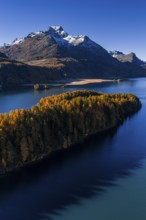 Mountain landscape, mountain lake, larch forest, autumn, autumn color, morning light, sunny, aerial