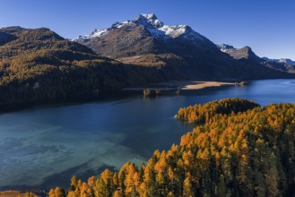 Mountain landscape, mountain lake, larch forest, autumn, autumn color, morning light, sunny, aerial
