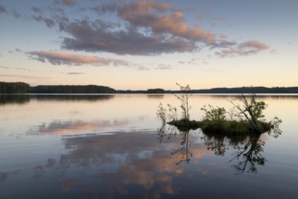Clouds reflected on the water surface, forest lake, evening mood, at Sunne, Sweden