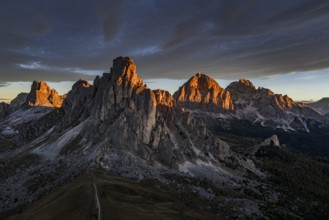Mountain landscape, morning light, cloud atmosphere, autumn, aerial view, Giau Pass, view of Tofana