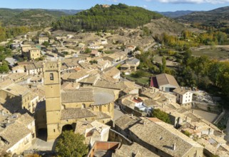 Church tower and rooftops of medieval village of Uncastillo, Cinco Villas, Zaragoza province,