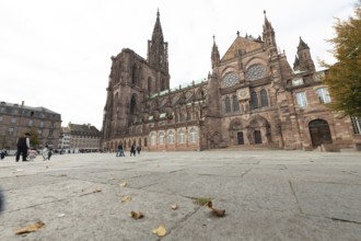 Strasbourg Cathedral impresses with its Gothic architecture. Passers-by moves around the square