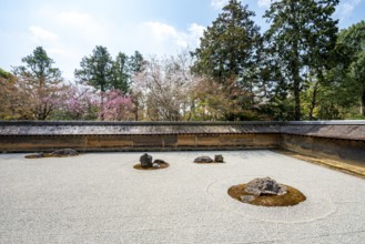 Kare-san-sui Japanese rock garden, Hojo Teien in Ryoan-ji, Zen Buddhist temple complex, in spring,