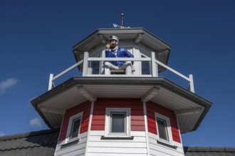 Captain figure on the balcony of a holiday home, Zingst, Darß, Mecklenburg-Western Pomerania,
