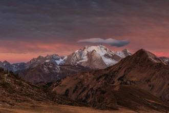 Dawn, clouds, morning mood, mountains, autumn, view of Marmolada, Giau Pass, Dolomites, Italy