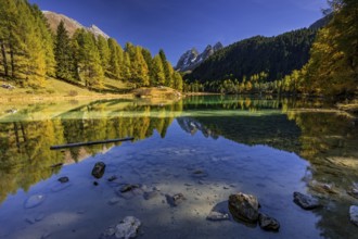 Mountain lake, reflection, mountains, larch forest, autumn discoloration, autumn, sunny, Lake