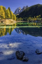 Mountain lake, reflection, mountains, larch forest, autumn discoloration, autumn, sunny, Lake