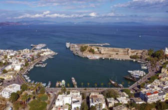 Aerial view, Mandraki harbor, seaport, ship, ships, back fortress, castle, Neratzia, also
