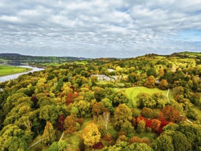 Autumn colours over Bodnant House and Garden from a drone, Conwy River, Colwyn Bay, Conwy, Wales,