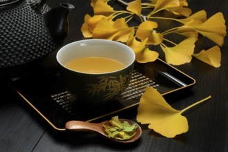 Ginkgo tea in tea bowl and ginkgo leaf, tea leaves in a spoon, ginkgo biloba