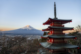 Five-story pagoda of a Shinto Shrine, Chureito Pagoda, with views of Fujiyoshida City and Mount