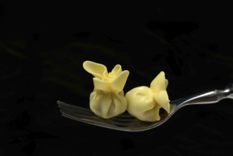 Saccottini, type of Italian pasta on fork, pasta from Italy