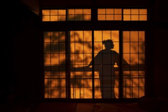 Shadows of a woman in kimono, on the balcony behind sliding shoji doors in a traditional Japanese