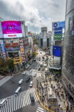 Modern houses with colorful neon signs and large road intersection, Shibuya Crossing from above,