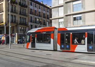 Light rail tram city public transport system CAF Urbos 3 trams, Tranvía de Zaragoza, Zaragoza,