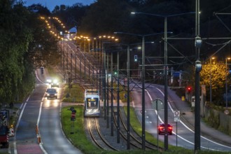 Bogestra tram, line 305, on the Wattenscheider Hellweg, tram line in the middle of the street,