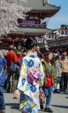 Young Japanese woman wearing kimono surrounded by numerous visitors on Nakamise-dori shopping