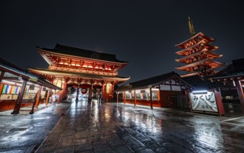 Illuminated five-story pagoda and Hozomon treasure chamber gate of Asakusa Shrine or Senso-ji