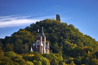 The mountain Drachenfels with Drachenburg Castle and the castle ruins, Siebengebirge, Königswinter,