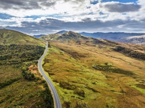 Snowdonia National Park over Road A470 from a drone, Crimea Pass, Blaenau Dolwyddelan, Wales,