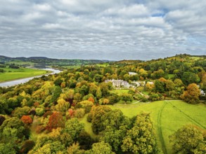 Autumn colours over Bodnant House and Garden from a drone, Conwy River, Colwyn Bay, Conwy, Wales,