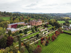 Autumn colours over Powis Castle and Garden from drone, Welshpool, Powys, Wales, England, United