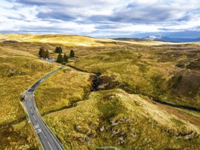 Cwm Cynfal Waterfalls on River Afon Cynfal from a drone, Llan Ffestiniog, Road B4391, Gwynedd,