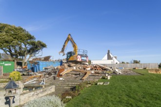 Demolition of Jean Flick's house, The Warren, Thorpeness, Suffolk, England, UK due to rapid coastal