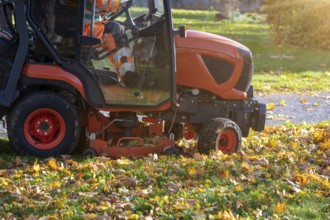 Removing leaves with a riding mower in a public park, Mutterstadt, Rheinland Pfalz