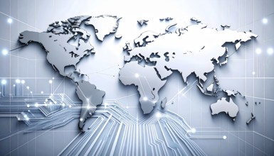 Abstract visualization of global rare earth supply network feeding EV industry, world map design,