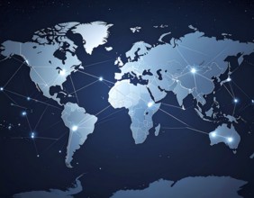 Abstract visualization of global rare earth supply network feeding EV industry, world map design,