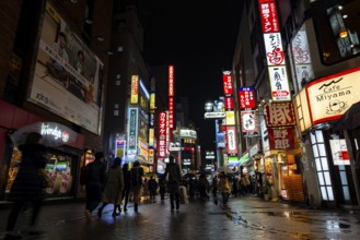 Busy pedestrian zone with many shopping centers and stores, illuminated with lots of neon signs at