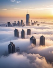 City scape emerging from a dense enveloping fog in sunrise and skyscrapers piercing the haze, big