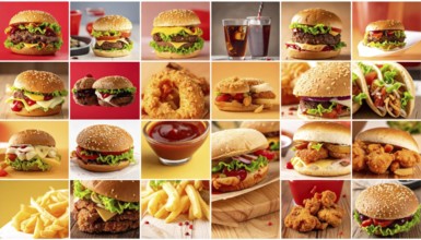Collage of various fast food meals. beagles, hamburger, cheeseburger, french fries and a view green