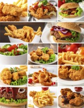 Collage of various fast food meals. beagles, hamburger, cheeseburger, french fries and a view green