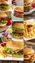 Collage of various fast food meals. beagles, hamburger, cheeseburger, french fries and a view green