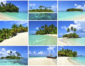 Collage of tropical islands with beach and palm trees, paradise with blue cloudy sky, turquoise