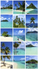 Collage of tropical islands with beach and palm trees, paradise with blue cloudy sky, turquoise