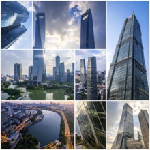 Collage of skyscrapers of a metropolitan city, various skylines with different blue sky in sunset,
