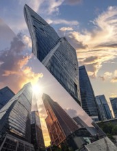 Collage of skyscrapers of a metropolitan city, various skylines with different blue sky in sunset,