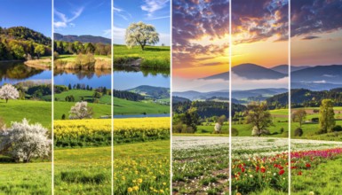 Collage of spring and summer landscapes, blooming flowers, green meadows and trees, hilly landscape