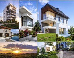 Collage of real estate residential building, modern architecture style, surrounded by green garden,