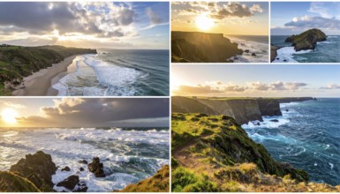 Collage of coastal landscapes with cliffs and shore break, spectacular nature, cloudy sky with