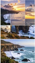 Collage of coastal landscapes with cliffs and shore break, spectacular nature, cloudy sky with