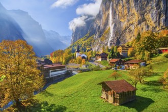 View of town and valley with Staubbach waterfall in autumn, Lauterbrunnen, Bernese Oberland, Canton