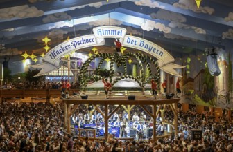 Hacker-Pschorr festival tent, Bavarian sky, interior view, Oktoberfest, Munich, Bavaria, Germany