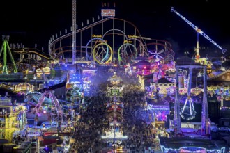 View of Oktoberfest from St. Paul's Catholic Church, Blue Hour, Munich, Bavaria, Germany