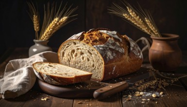 Rustic loaf of whole grain bread, fresh baked, close up of bread on dark wooden table, golden rust,