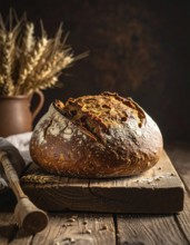 Rustic loaf of whole grain bread, fresh baked, close up of bread on dark wooden table, golden rust,